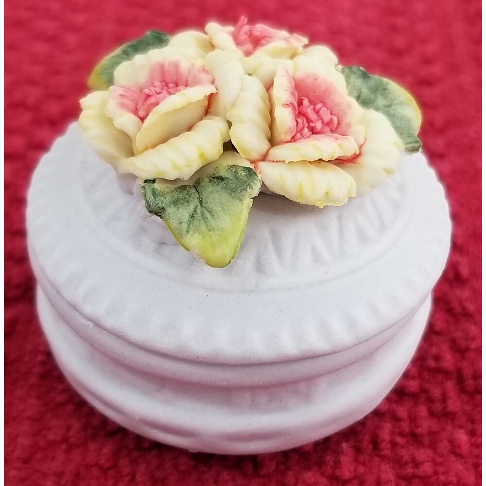 Victorian Trading Co Mini Floral Lidded Porcelain Bisque Vanity Trinket Box